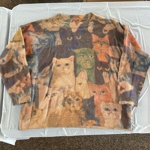 YESNO Women’s Wool Blend Cat Faces Fuzzy Pullover Sweater L Grandmacore